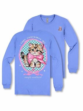 Simply Southern Blue Long-Sleeve Tee with Kitten and Pink Bow